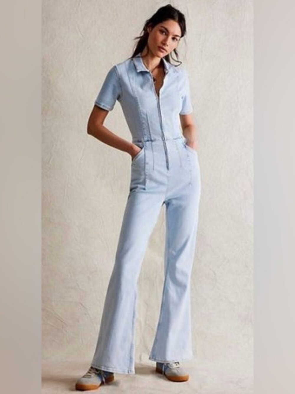 Free People We The Free Light Blue Whimsy Jayde Flare Jumpsuit Size L NWT